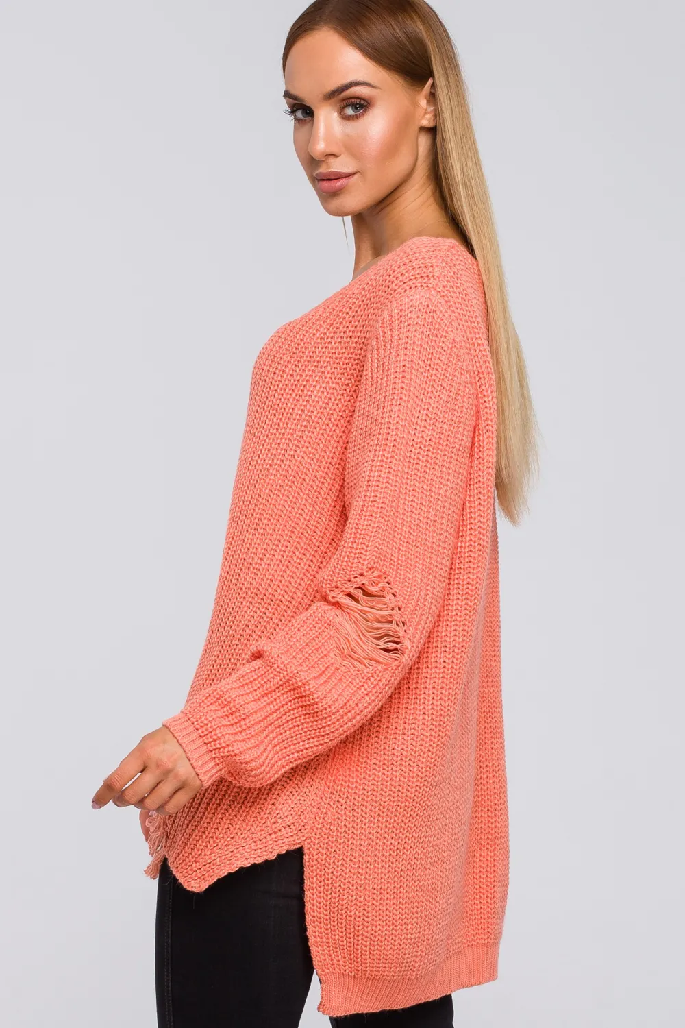 Hot Sweter z dziurami - brzoskwiniowy Swetry