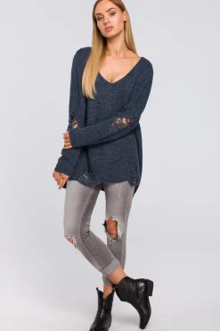 Outlet Sweter z dziurami - jeansowy Swetry