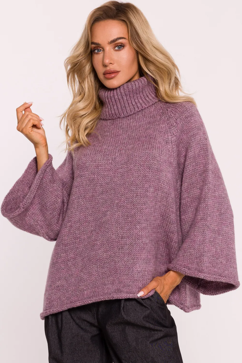 Best Sweter z golfem i szerokimi rękawami – wrzosowy Swetry