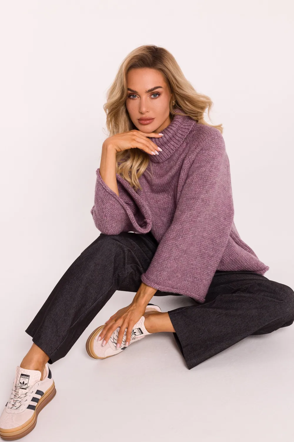 Best Sweter z golfem i szerokimi rękawami – wrzosowy Swetry