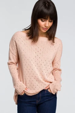 Outlet Sweter z oczkami - brzoskwiniowy Swetry