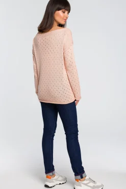 Outlet Sweter z oczkami - brzoskwiniowy Swetry