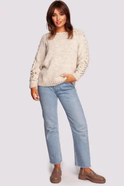 Discount weter z warkoczowy pote na rękawach - beżowy Swetry