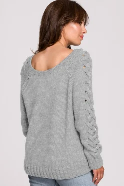 Online Sweter z warkoczowym splotem na rękawach - szary Swetry