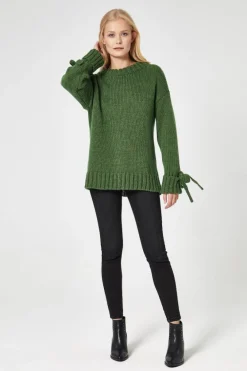 Outlet Sweter z wiązanymi rękawami - zielony Swetry
