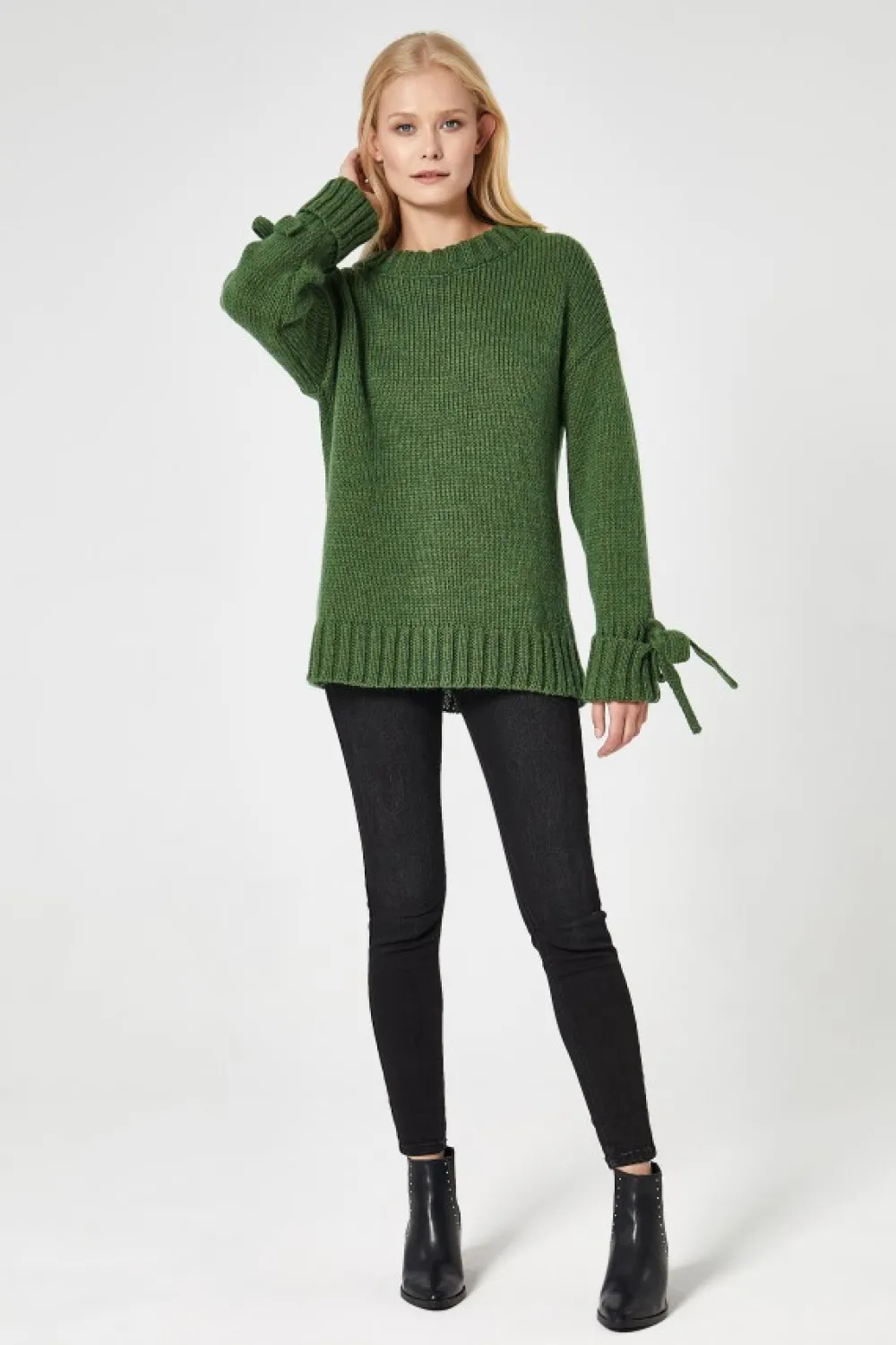Outlet Sweter z wiązanymi rękawami - zielony Swetry