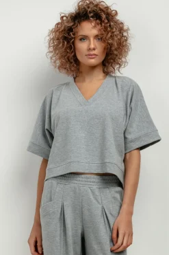Discount zeroka buza z krótki rękawe i dekote V - janozara Bluzy|Bluzki