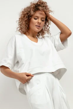 Clearance zeroka buza z krótki rękawe i dekote V - biała Bluzy|Bluzki