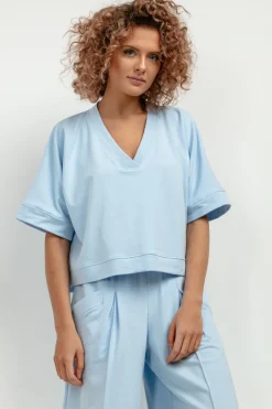 Hot zeroka buza z krótki rękawe i dekote V - janoniebieka Kolory I Printy Sezonu|Bluzy