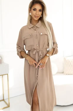 Clearance Szmizjerka midi ze złotymi guzikami i wiązaniem - mocha mousse Sukienki