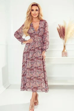 Hot zyfonowa ukienka idi - brązowy wzór boho Maxi|Sukienki