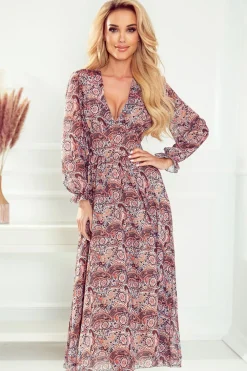 Hot zyfonowa ukienka idi - brązowy wzór boho Maxi|Sukienki