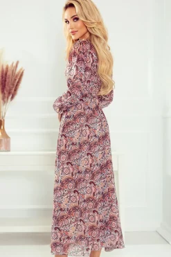 Hot zyfonowa ukienka idi - brązowy wzór boho Maxi|Sukienki