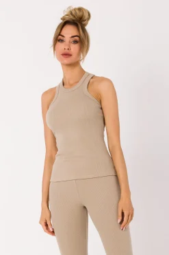Discount Top z dzianiny prążkowanej - beżowy Odzież Casualowa|Dobry Skład