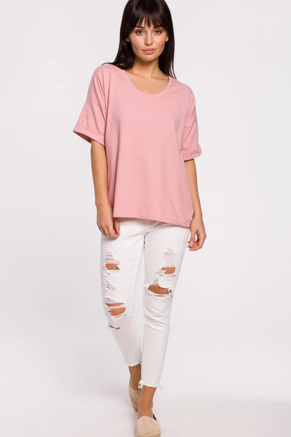 Sale T-hirt overize z okrągły dekote - różowy Odzież Casualowa|Bluzki
