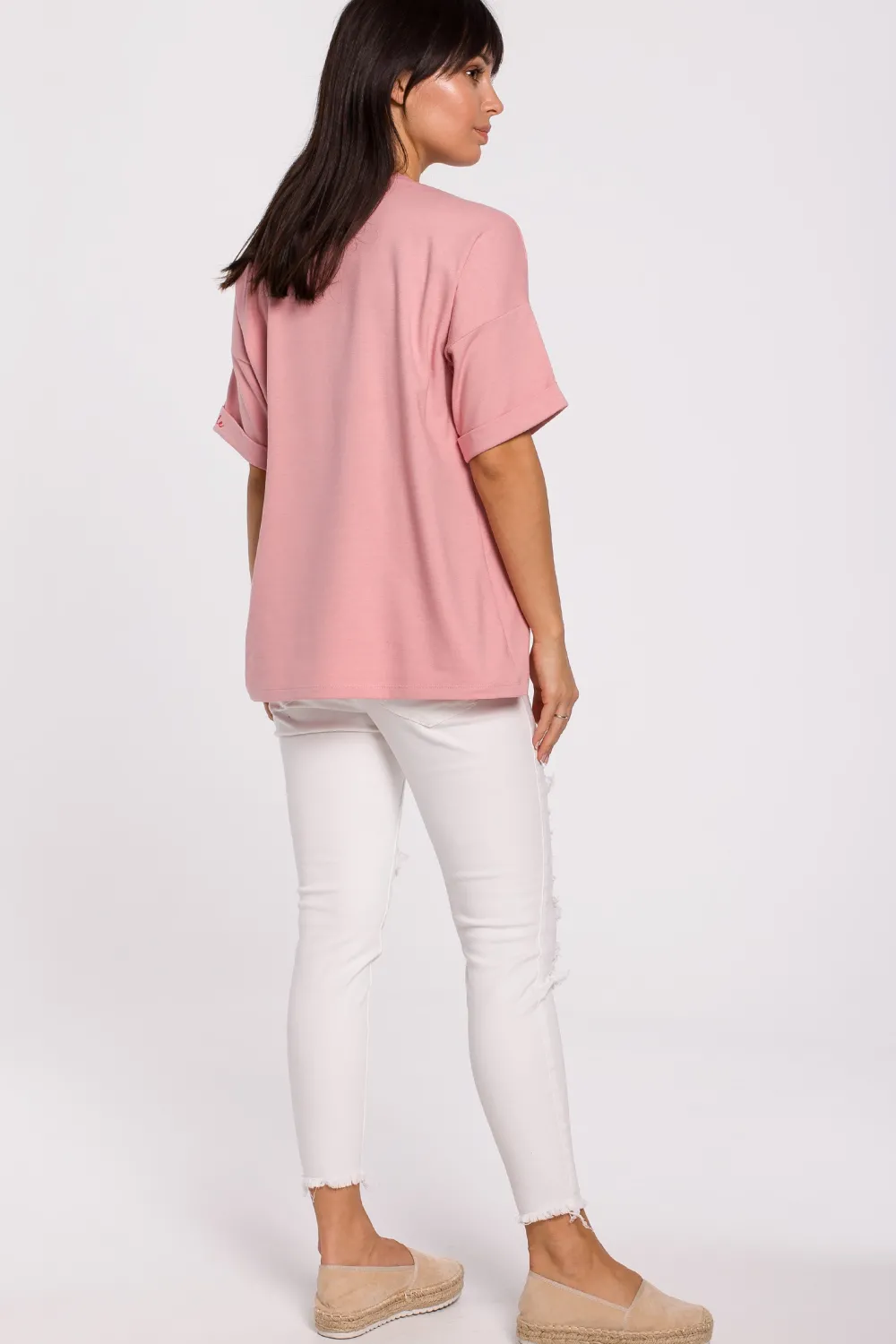 Sale T-hirt overize z okrągły dekote - różowy Odzież Casualowa|Bluzki