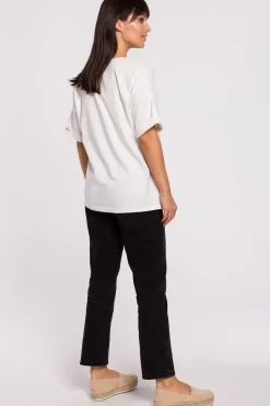 Hot T-hirt overize z okrągły dekote - ecru Odzież Casualowa|Bluzki