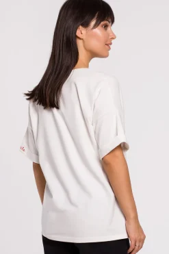 Hot T-hirt overize z okrągły dekote - ecru Odzież Casualowa|Bluzki