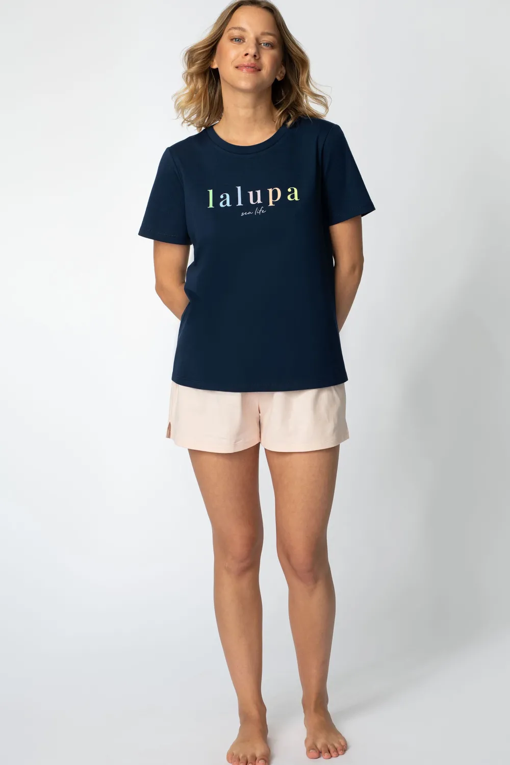 Discount T-hirt z nadrukie z przodu - granatowy Odzież Casualowa|Bluzki
