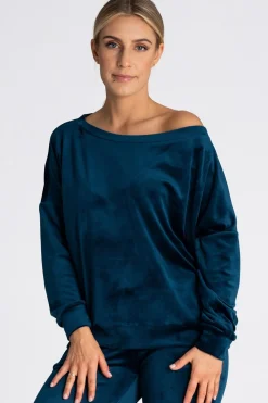 Discount Welurowa bluza damska oversize - morska Odzież Casualowa|Bluzy