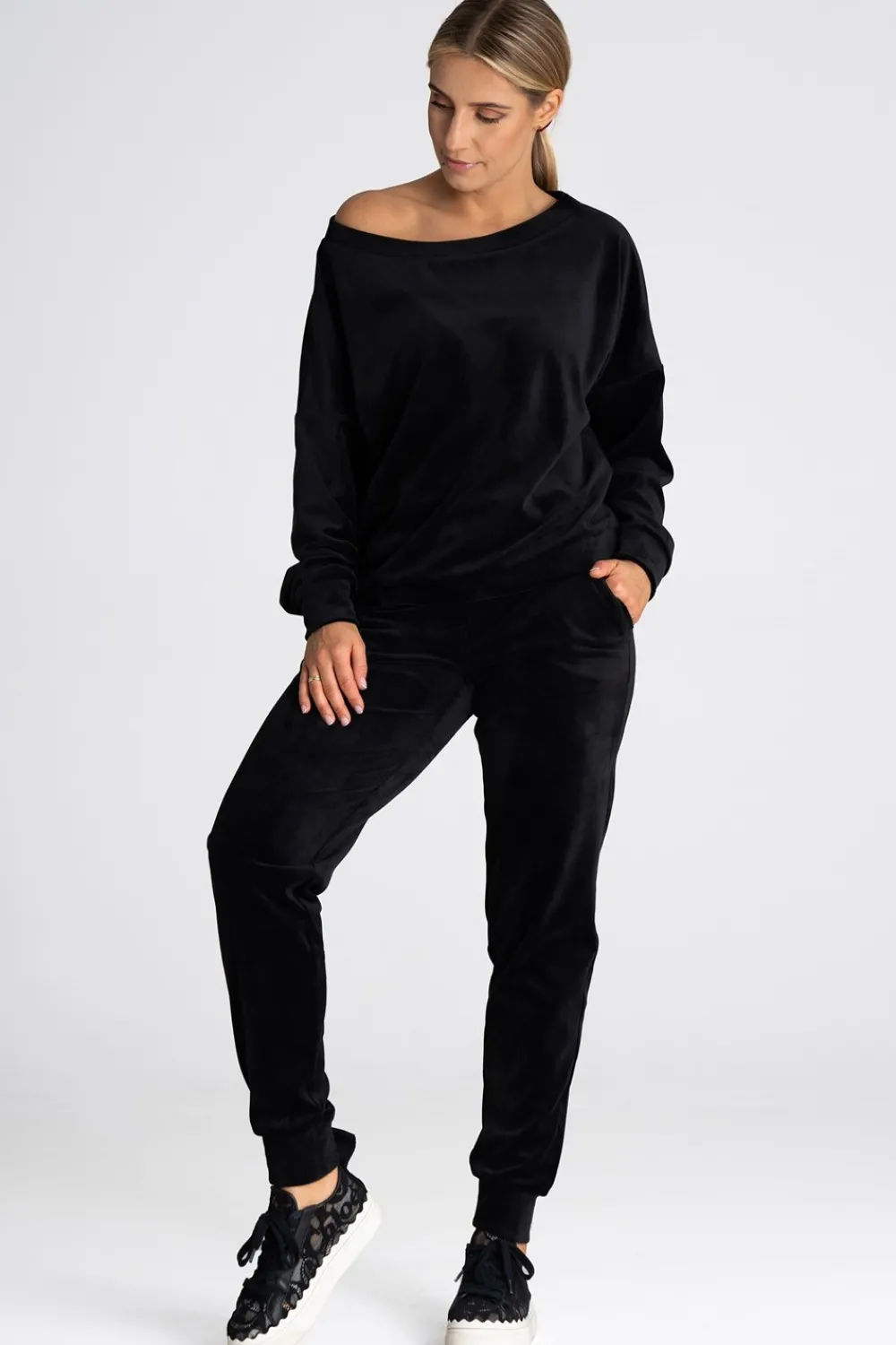 Discount Welurowa bluza damska oversize - czarna Odzież Casualowa|Bluzy