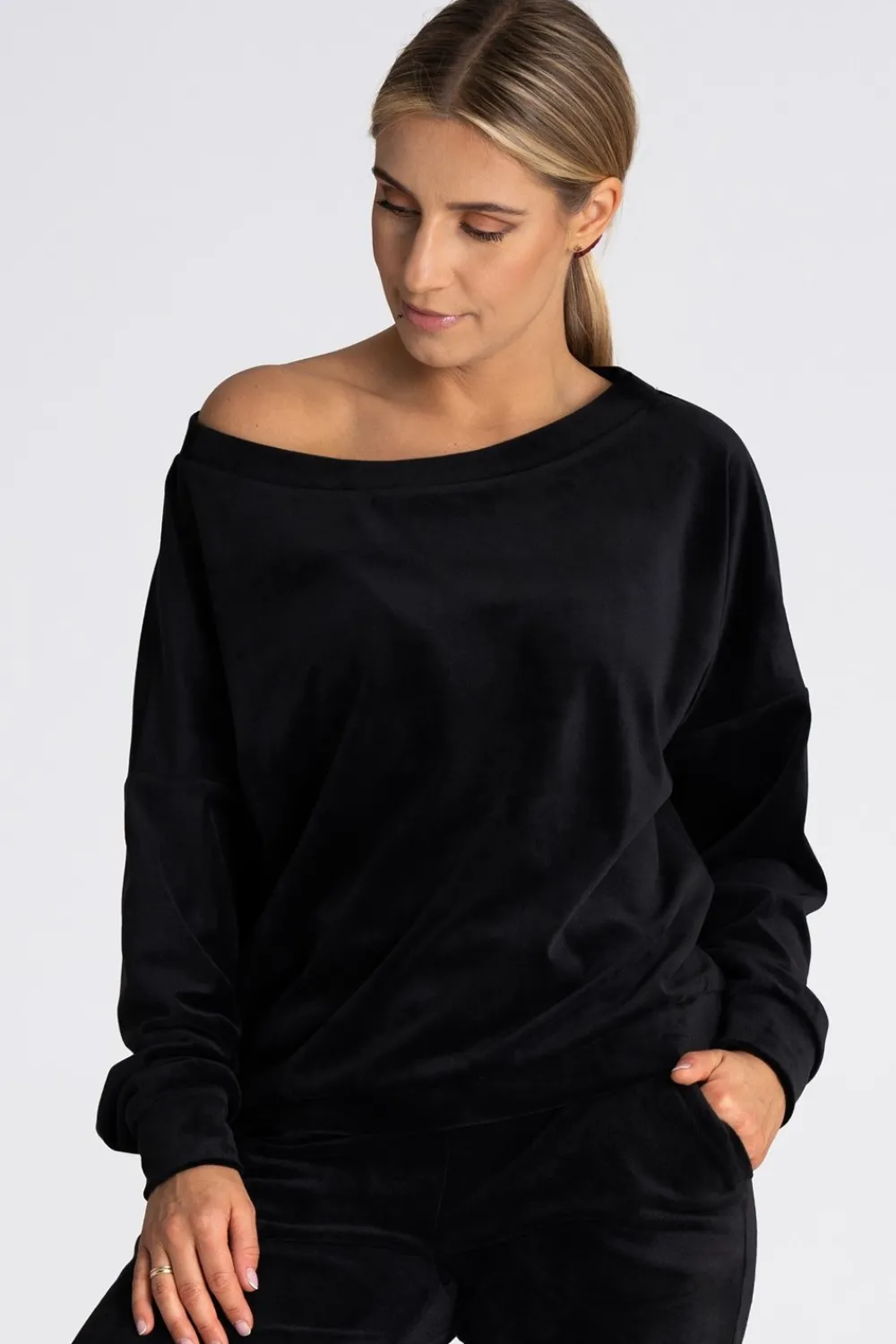 Discount Welurowa bluza damska oversize - czarna Odzież Casualowa|Bluzy