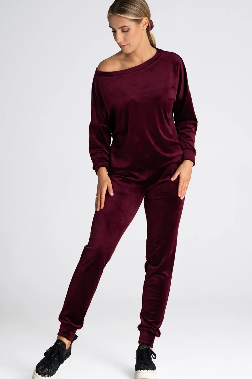 Welurowa bluza damska oversize - bordowa Odzież Casualowa|Bluzy