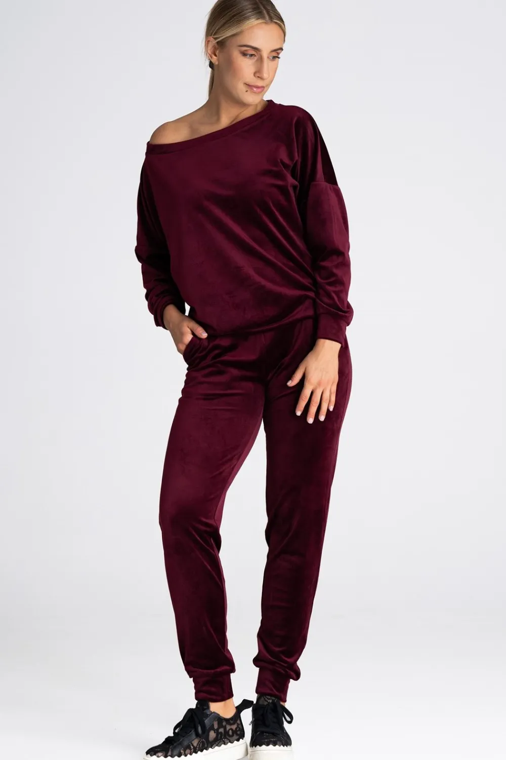 Welurowa bluza damska oversize - bordowa Odzież Casualowa|Bluzy