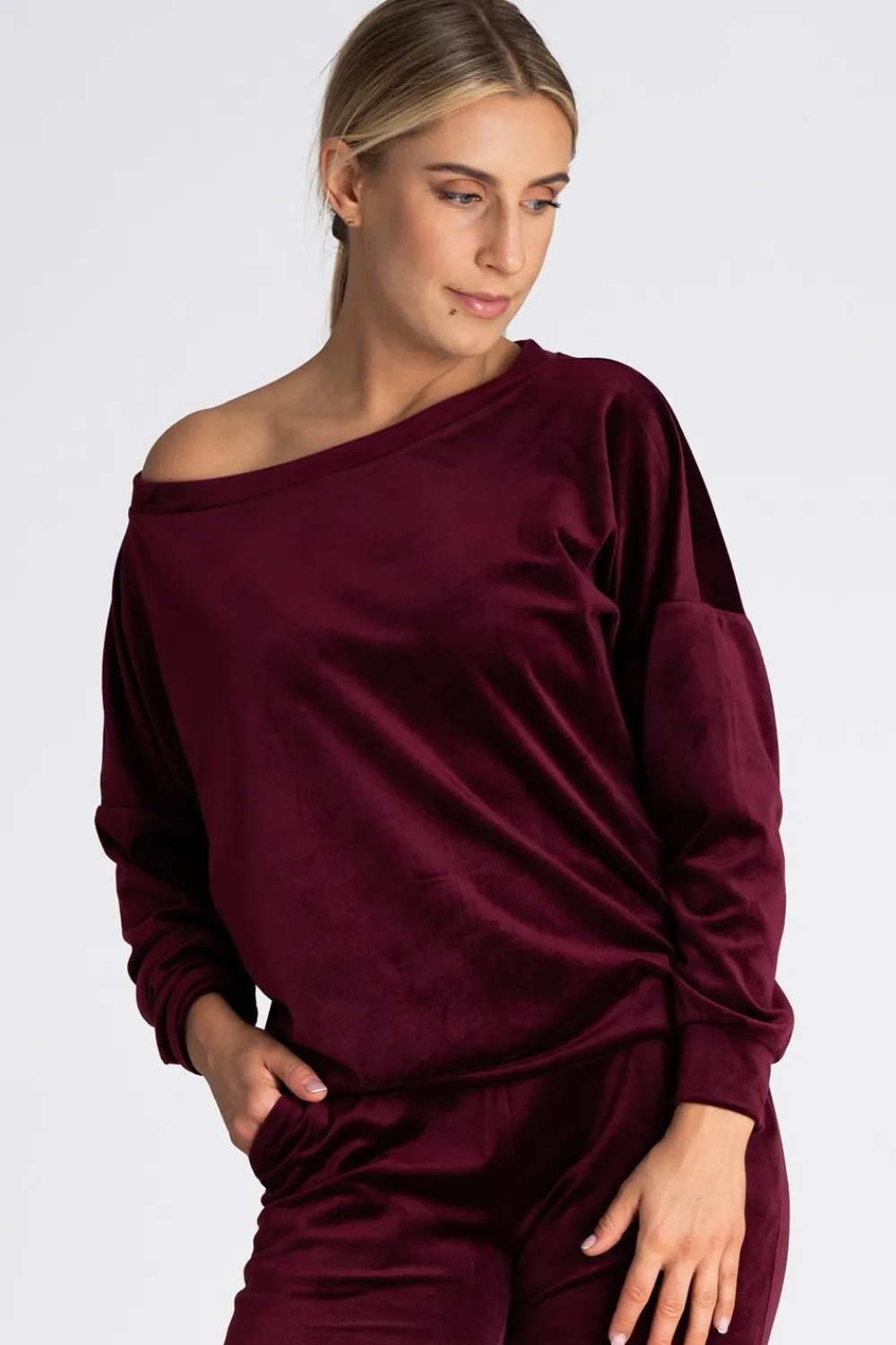 Welurowa bluza damska oversize - bordowa Odzież Casualowa|Bluzy