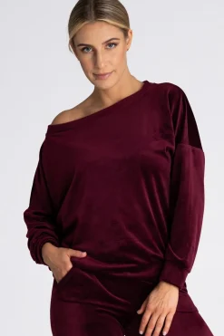 Welurowa bluza damska oversize - bordowa Odzież Casualowa|Bluzy