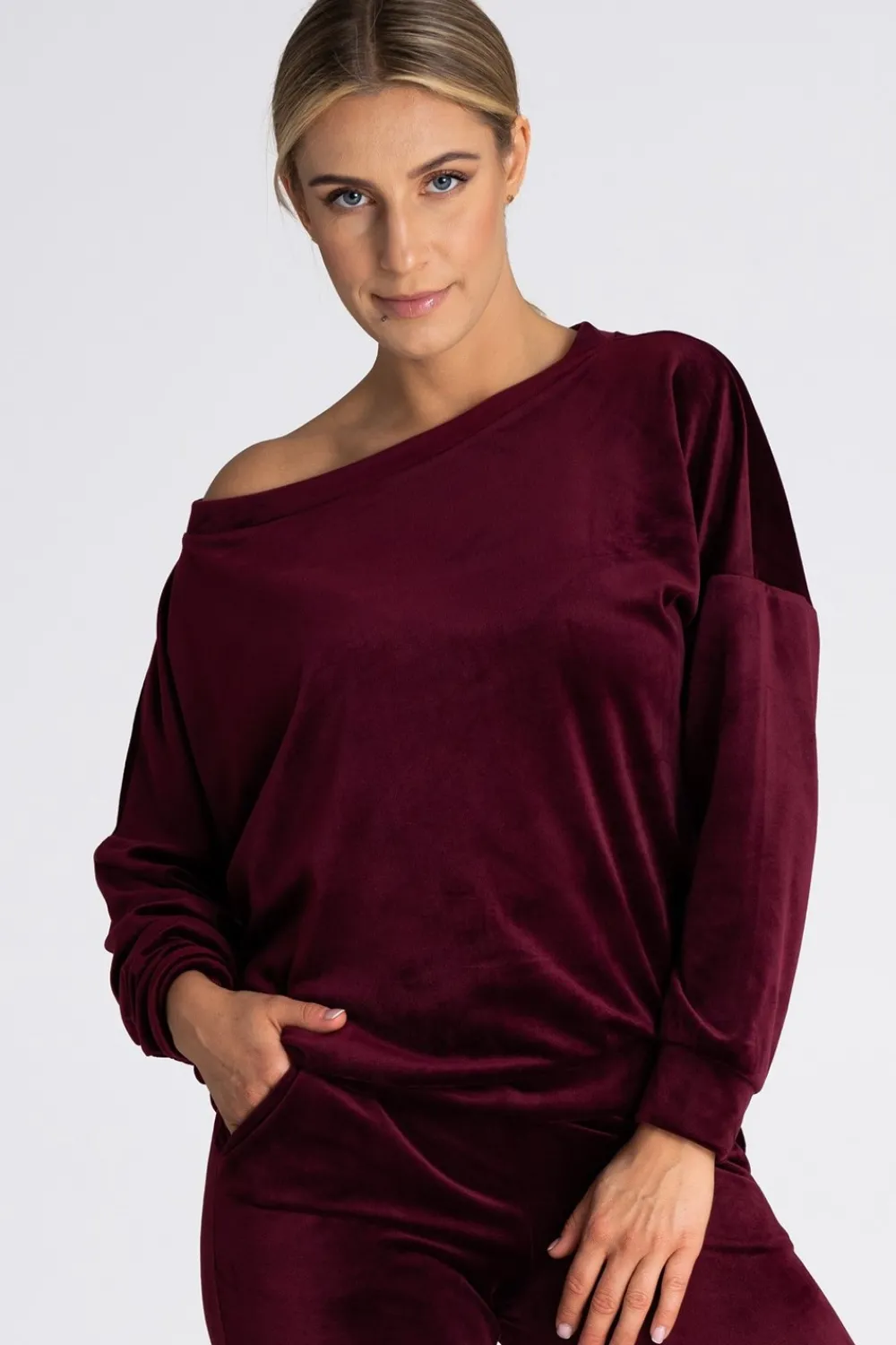 Welurowa bluza damska oversize - bordowa Odzież Casualowa|Bluzy