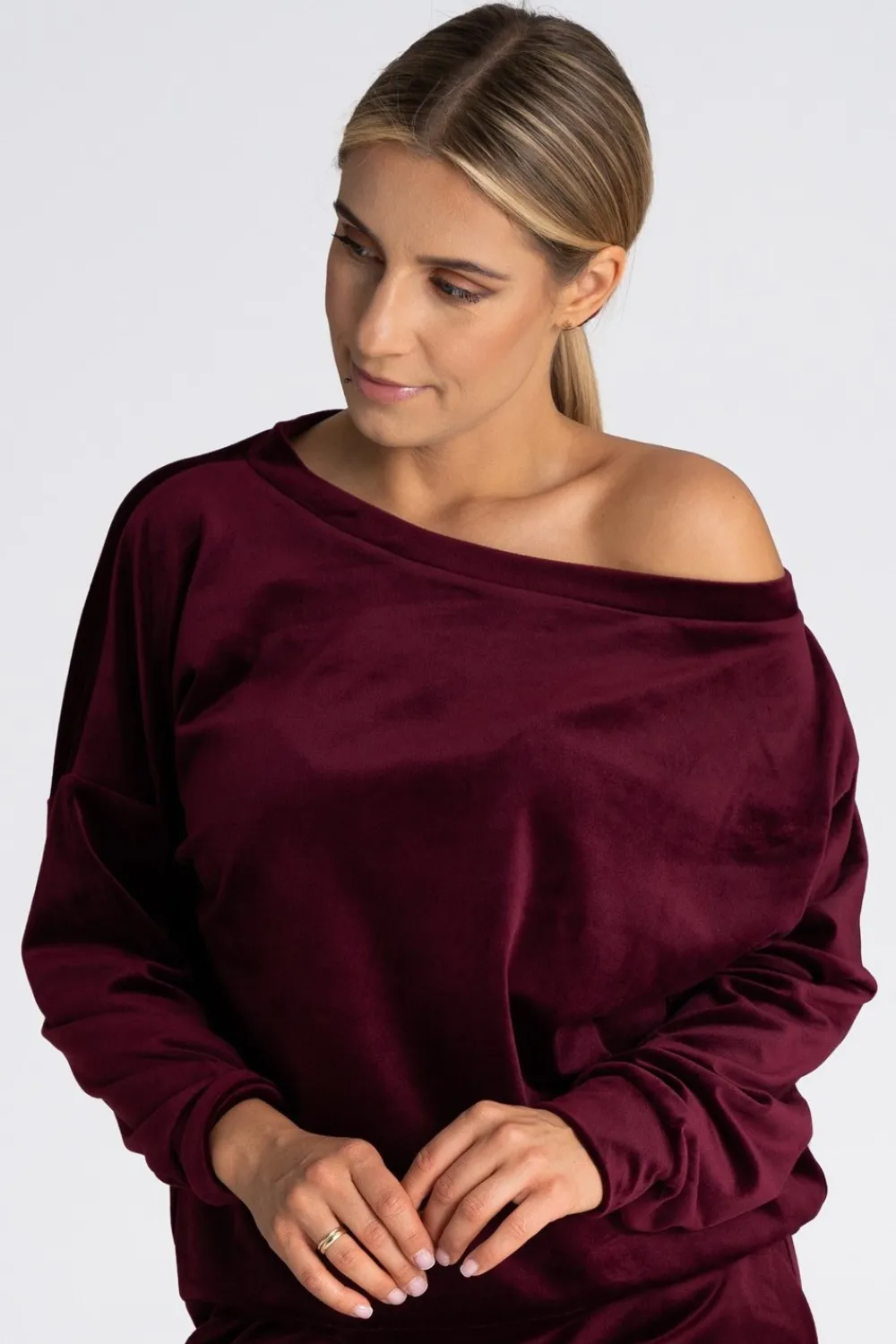 Welurowa bluza damska oversize - bordowa Odzież Casualowa|Bluzy