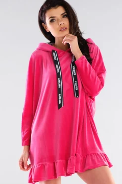 Sale Welurowa bluza oversize z falbanką - różowa Odzież Casualowa|Bluzy