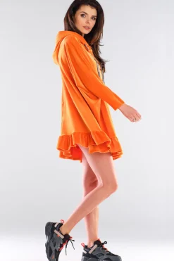 Outlet Welurowa bluza oversize z falbanką - pomarańczowa Odzież Casualowa|Bluzy