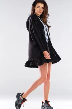 Hot Welurowa bluza oversize z falbanką - czarna Odzież Casualowa|Bluzy