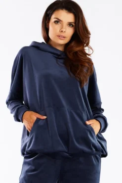 Sale Welurowa bluza z kapturem - granatowa Odzież Casualowa|Bluzy