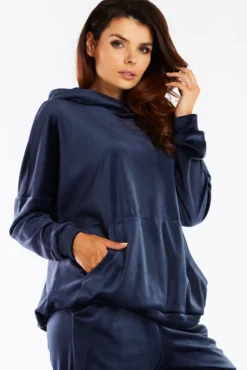 Sale Welurowa bluza z kapturem - granatowa Odzież Casualowa|Bluzy