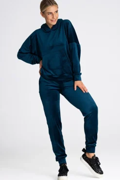 Welurowa bluza z kieszenią kangurek - morska Odzież Casualowa|Bluzy