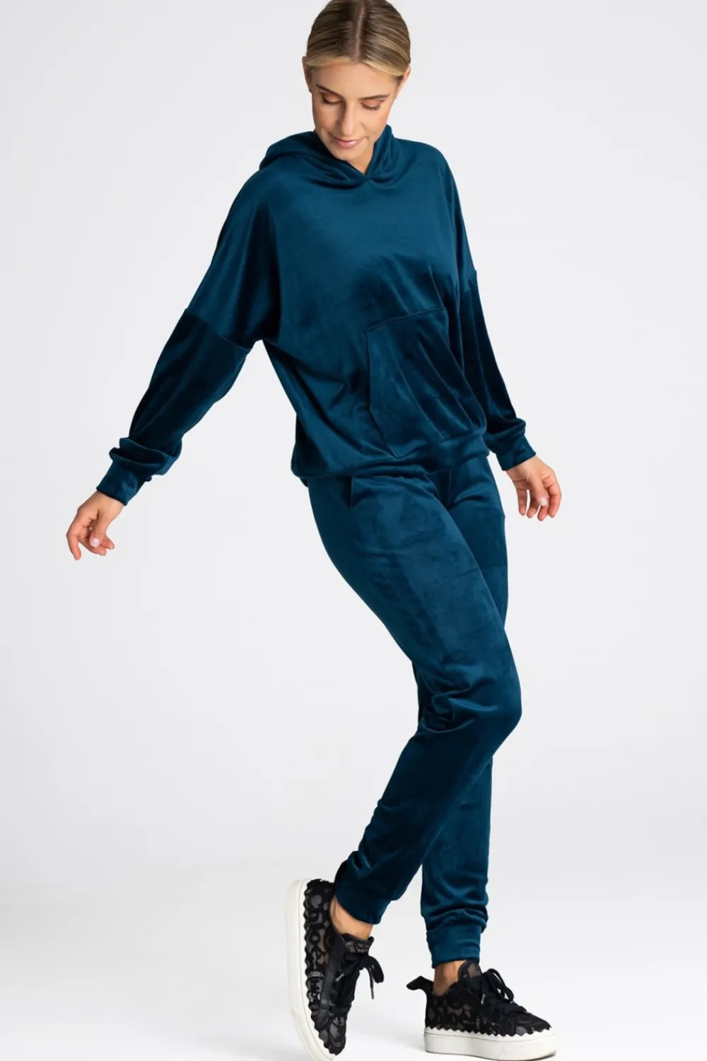 Welurowa bluza z kieszenią kangurek - morska Odzież Casualowa|Bluzy