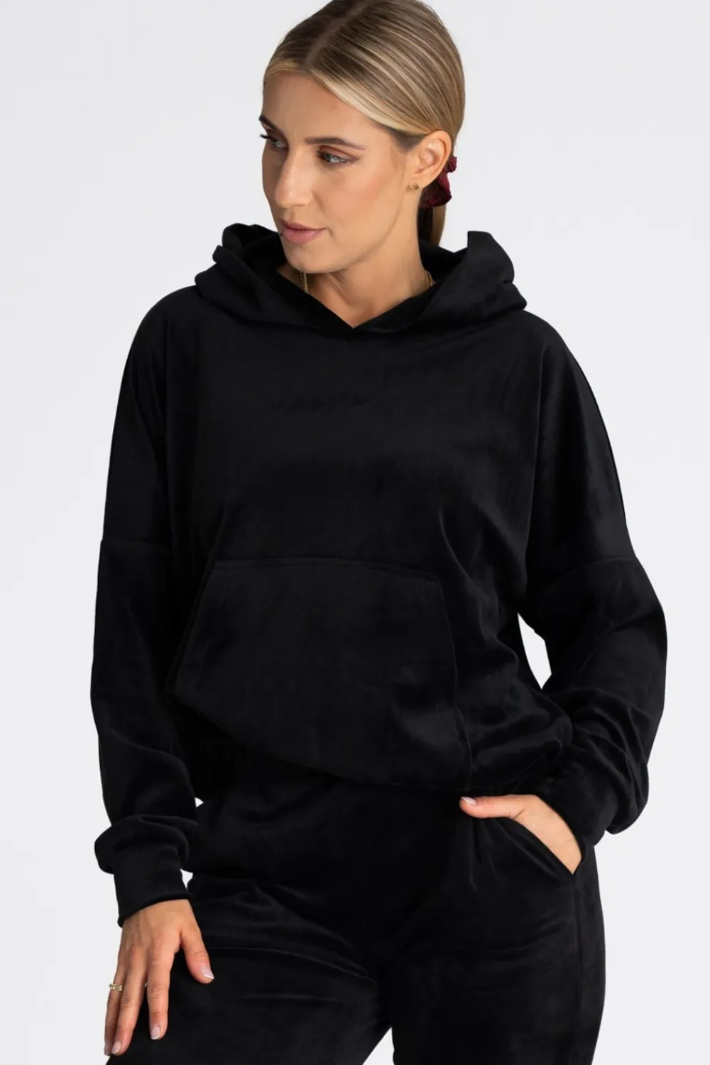 New Welurowa bluza z kieszenią kangurek - czarna Odzież Casualowa|Bluzy