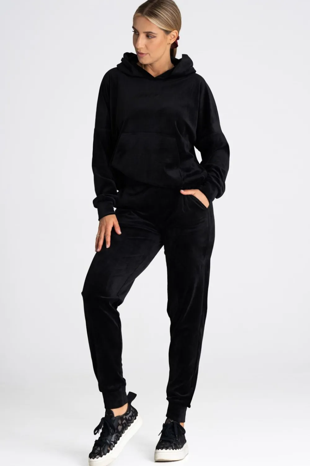 New Welurowa bluza z kieszenią kangurek - czarna Odzież Casualowa|Bluzy