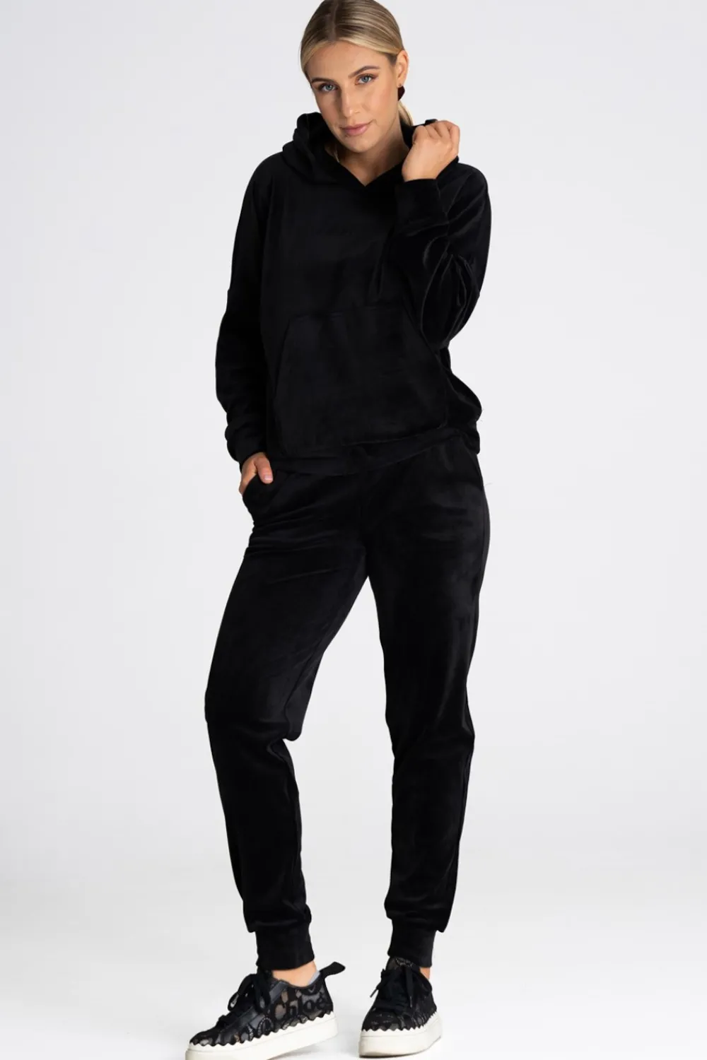 New Welurowa bluza z kieszenią kangurek - czarna Odzież Casualowa|Bluzy