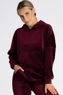 Outlet Welurowa bluza z kieszenią kangurek - bordowa Odzież Casualowa|Bluzy