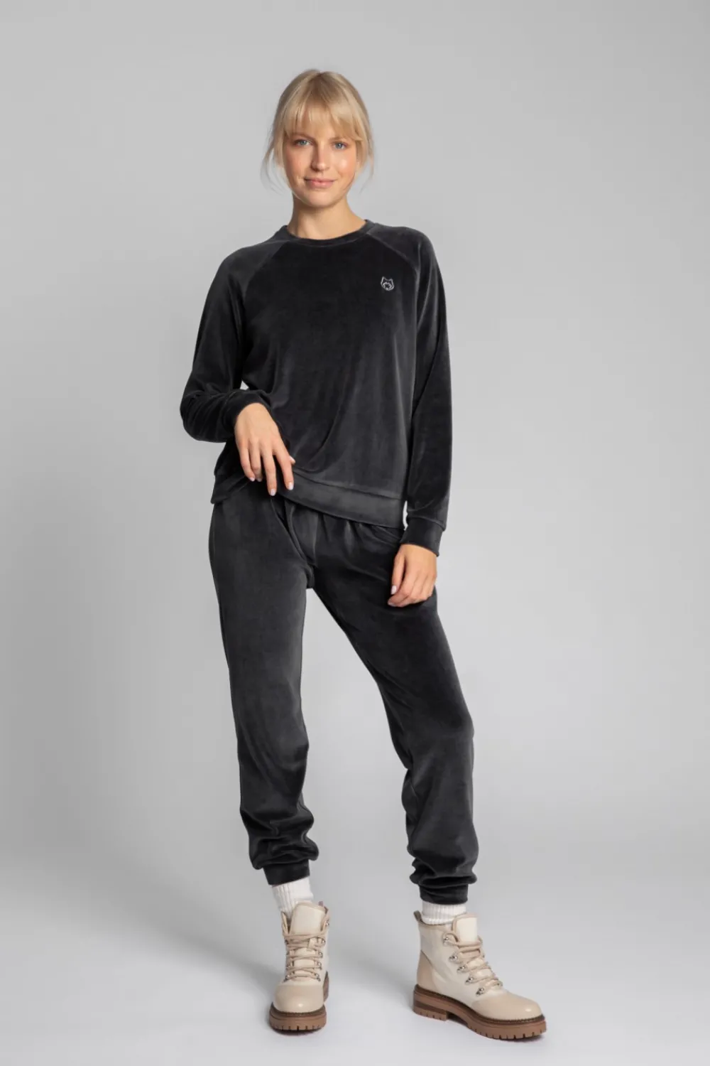 Sale Welurowa bluza z raglanowymi rękawami - grafitowa Odzież Casualowa|Bluzy
