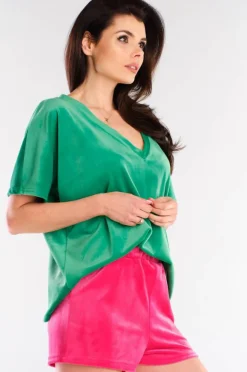Discount Welurowa koszulka z dekoltem typu V - zielona Odzież Casualowa|Bluzki