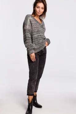 New Wielokolorowy sweter z dekoltem V - szary Swetry