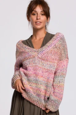 Discount Wielokolorowy sweter z dekoltem V - różowy Swetry