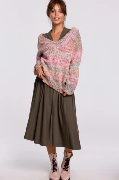 Discount Wielokolorowy sweter z dekoltem V - różowy Swetry