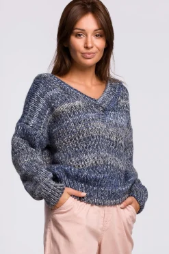 Sale Wielokolorowy sweter z dekoltem V - niebieski Swetry