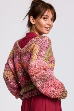 Best Wielokolorowy sweter z dekoltem V - malinowy Swetry